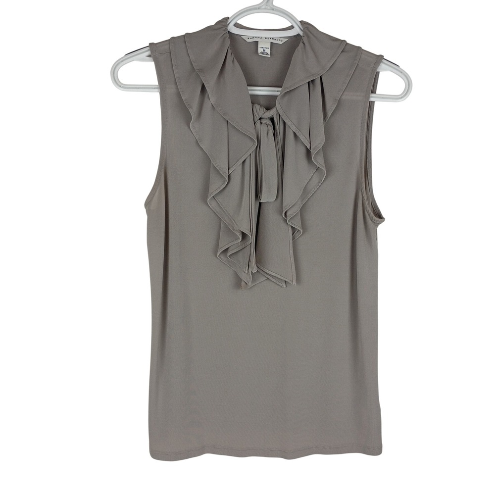 Banana Republic Womens Taupe Ruffle Tie Neck Sleeveless Stretch Knit Blouse M